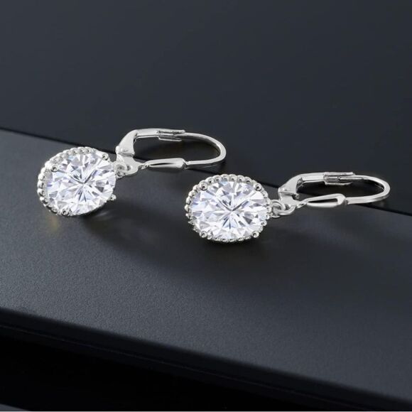 925 Sterling Silver with 4.20 Cttw White Moissanite Oval Leverback Hook Earrings - Picture 2 of 4